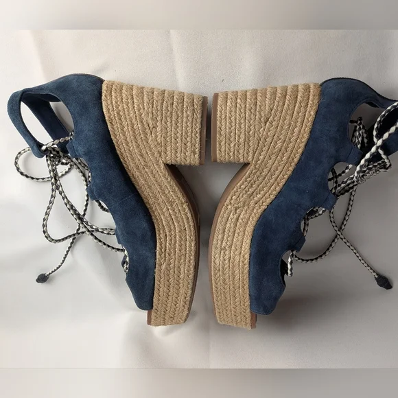 TORY BURCH Positano Suede Lace Up Platform Heel Women Sandals Size 9.5 Blue Beig - Picture 11 of 14